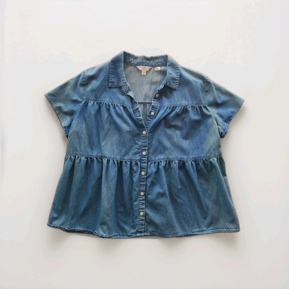 Time and Tru Womens Chambray Button Up Tiered Short Sleeve Top Size Large(12-14)